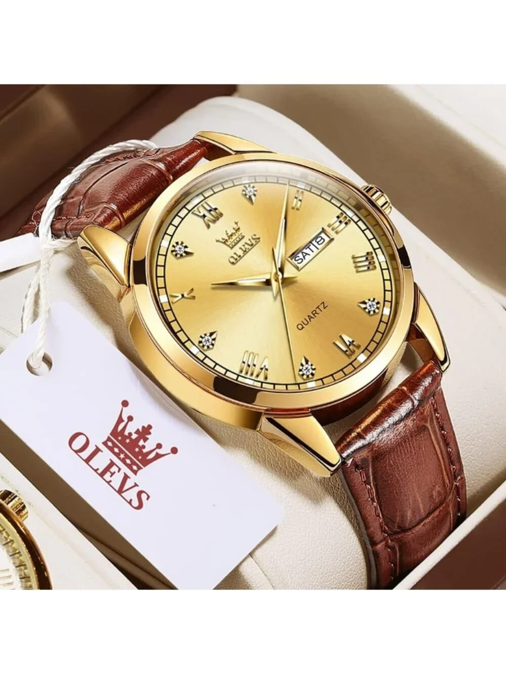 Men's Gold Fashion Quartz Leather Brown Buckle Waterproof Luminous Round Watch
